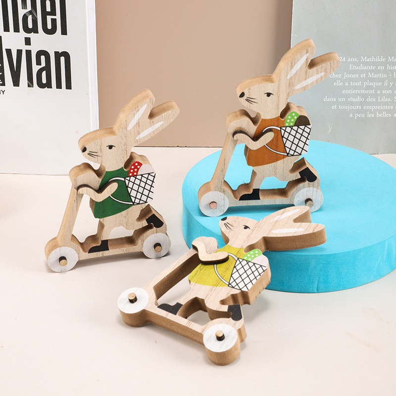 Wooden Ornaments Easter Party Cute Rabbit Riding with Basket Animal Ornaments Wooden Crafts