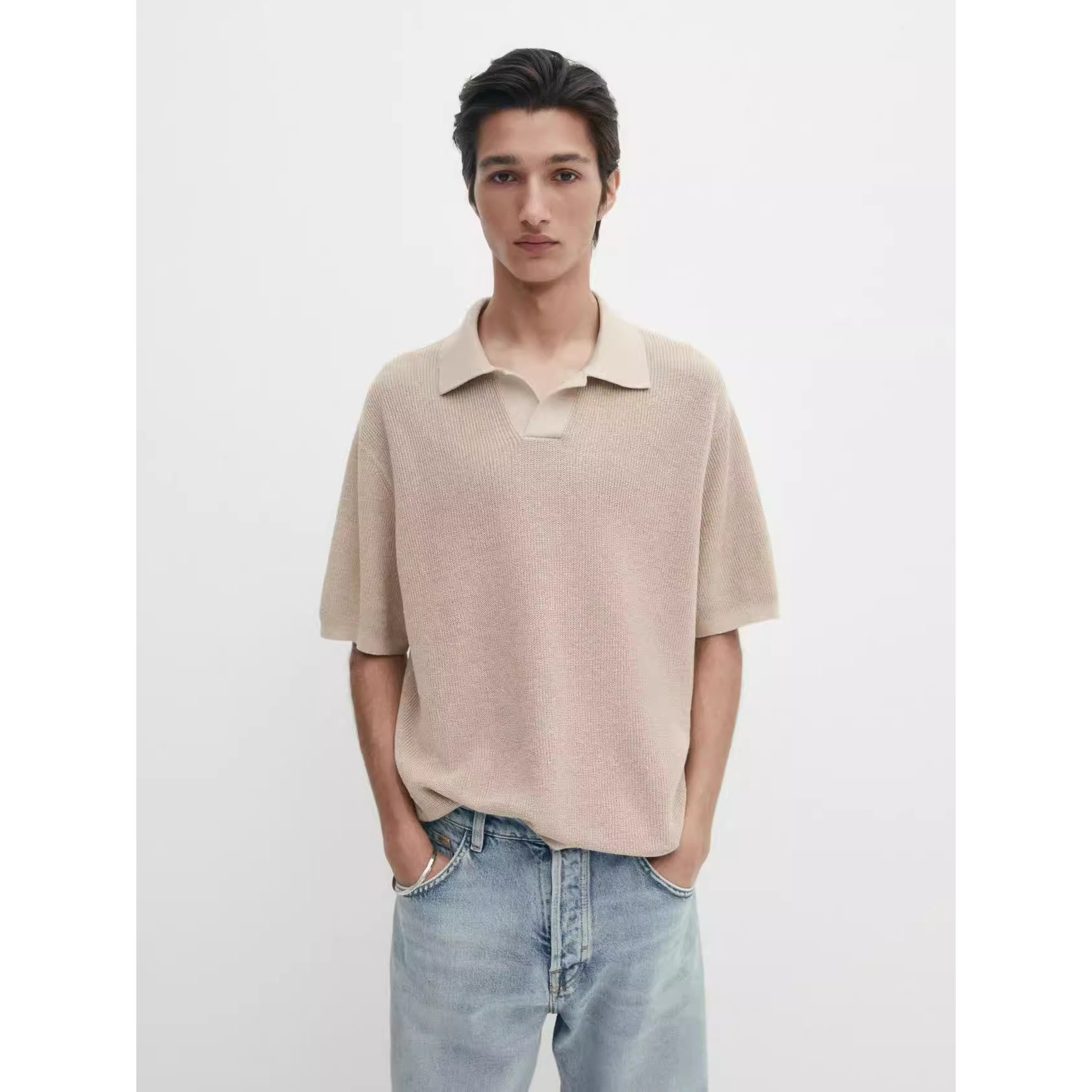 Verano nueva camiseta de punto hielo hombre de manga corta delgada comercial polo camiseta de cuello V camiseta de tendencia comercio exterior al por mayor transfronterizo