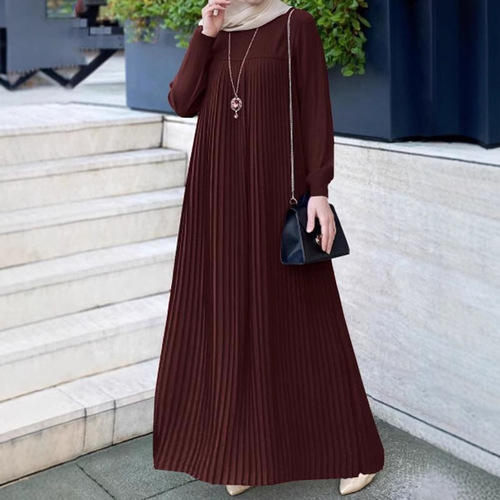 Women's Muslim Arabic temperament elegant pleated skirt solid color simple round neck long-sleeved wrinkled loose dress