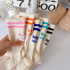 Korean socks Instagram trendy girl two-color stripes embroidery letter mid-calf socks internet celebrity Xiaohongshu boneless one-piece