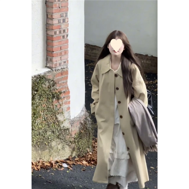 极简风少女韩系翻领风衣女秋冬新款卡其色高级廓形中长款气质大衣