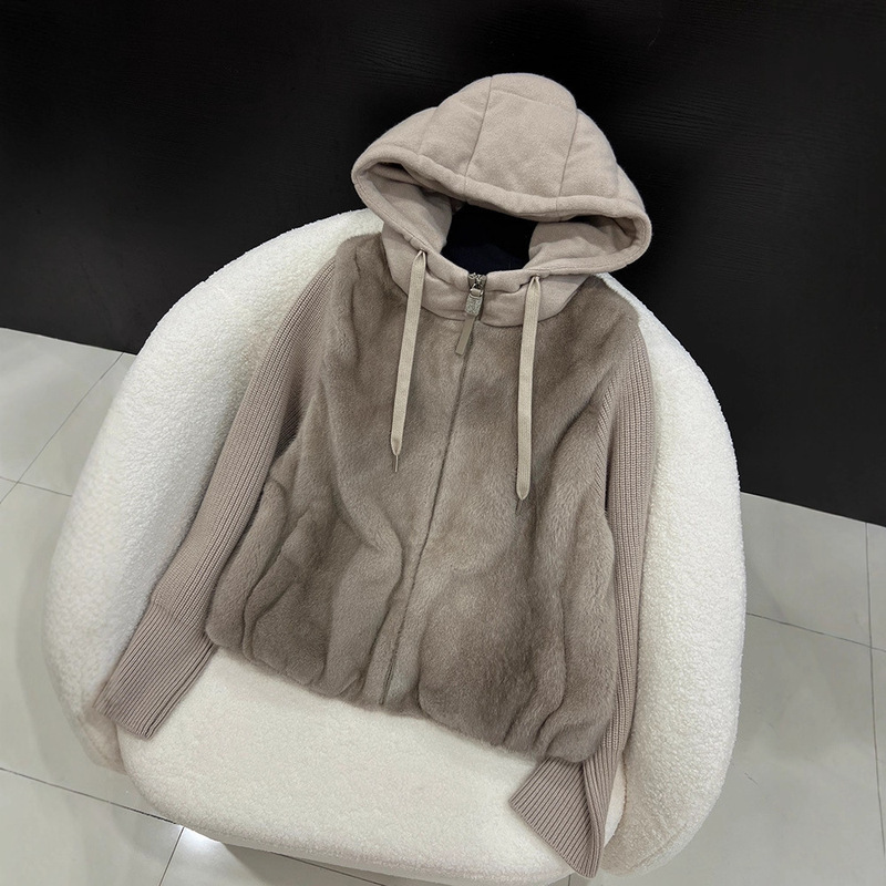 2025 New Autumn and Winter Knitted Mink down Jacket Women's Short Warm Thickeneded White Goose down Hooded Fur Jacket