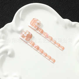 跨境纯手工欧美风裸粉白边法式穿戴甲 立体白花金饰短款美甲贴片