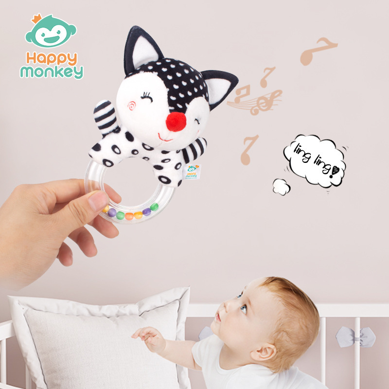 Sonajero de mano redondo blanco y negro para recién nacidos Happymonkey, juguete para bebés con cuentas coloridas, sonajero para bebés de 0 años, juguete para agarrar.