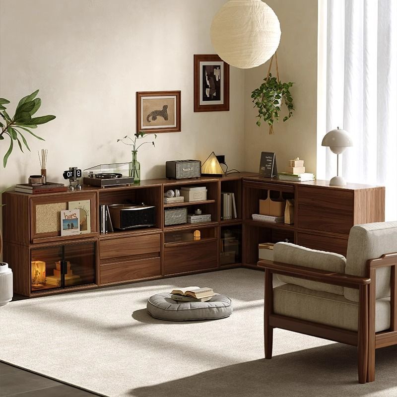 Black Walnut Bookcase Low Cabinet Floor-Standing Bookshelf Solid Wood Grid Combination Bookcase Module Side Cabinet Tv Cabinet Storage Rack