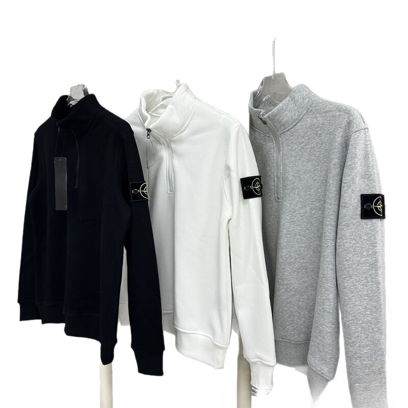 Stone Island New Spring/Autumn Style Ins Compass Arm Patch Half-Zip Pullover Solid Color Terry Crew Neck Loose Sweatshirt