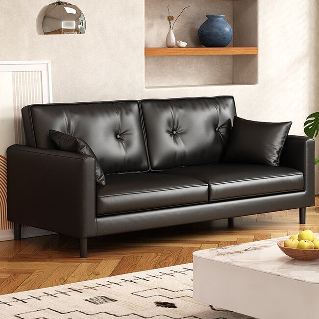 Leather Apartment Sofa for Small Apartments, Rental Properties, Clothing Stores, Beauty Salons, Rest Areas, Reception, Two-Seater, Black, Light Luxury