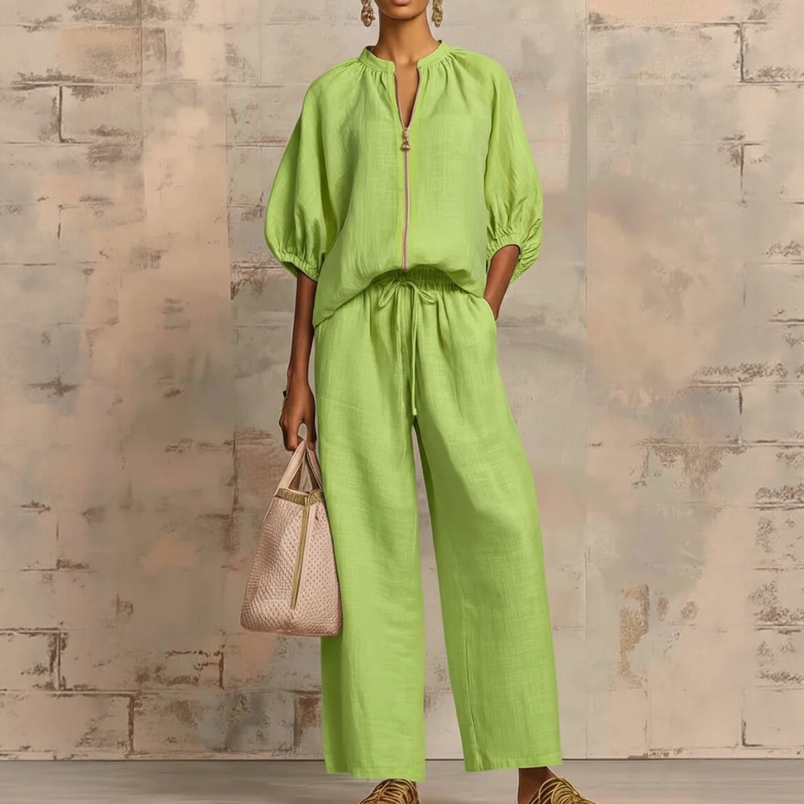 Women's Clothing Summer Women's Wide Leg Pants Set Casual Loose Fit Solid Color Zipper Round Neck Top Bottoms Outfit Style_ecoleips.com