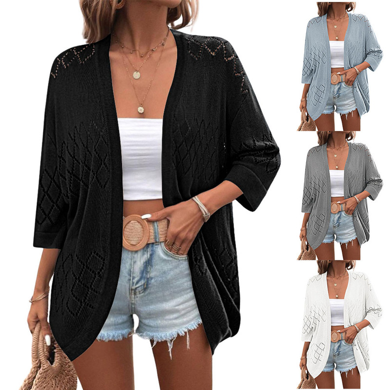 European and American Cross-border 2024 Crocheted Cardigan 3/4 Sleeve Knitted Kimono Summer Bohemian Blouse