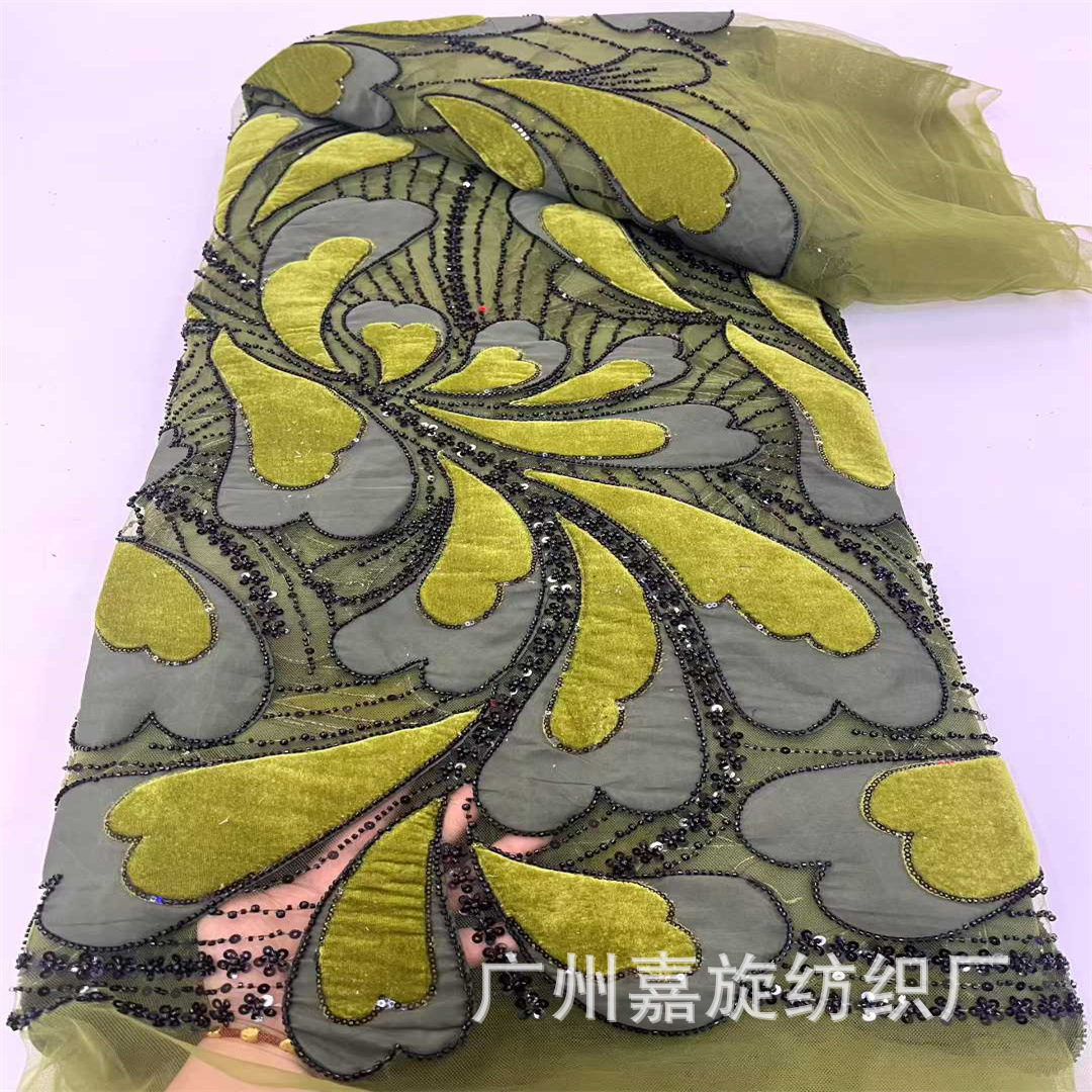 Gran flor europea veludo láser bordado vestido de boda vestido de noche tela bordada esquinilla tubo de perlas vestido chino cheongsam falda tela