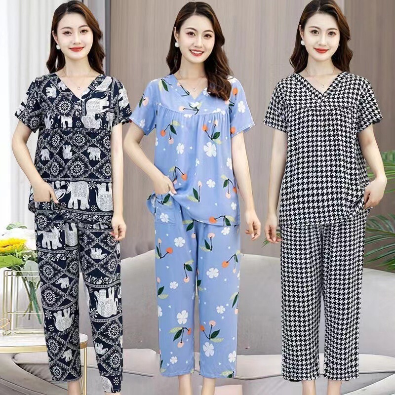 Cotton silk pajamas women's summer thin suit middle-aged and elderly mothers wear artificial cotton short-sleeved trousers home wear two-piece suit