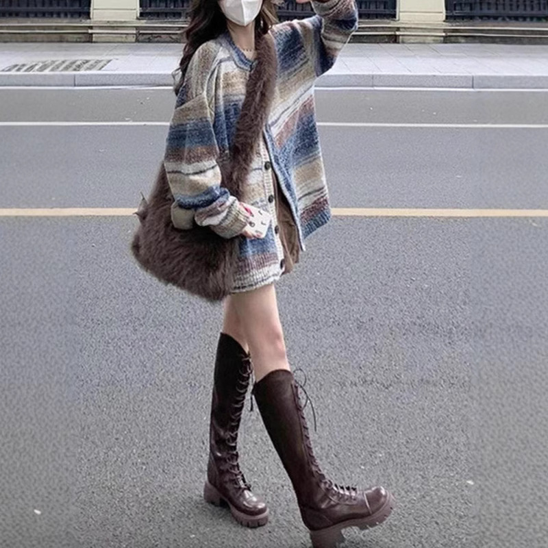 レトロなコントラストカラーステッチセーター女性の秋と冬の新しい怠惰なスタイルルーズストライプグラデーションニットカーディガンジャケットトップ|undefined