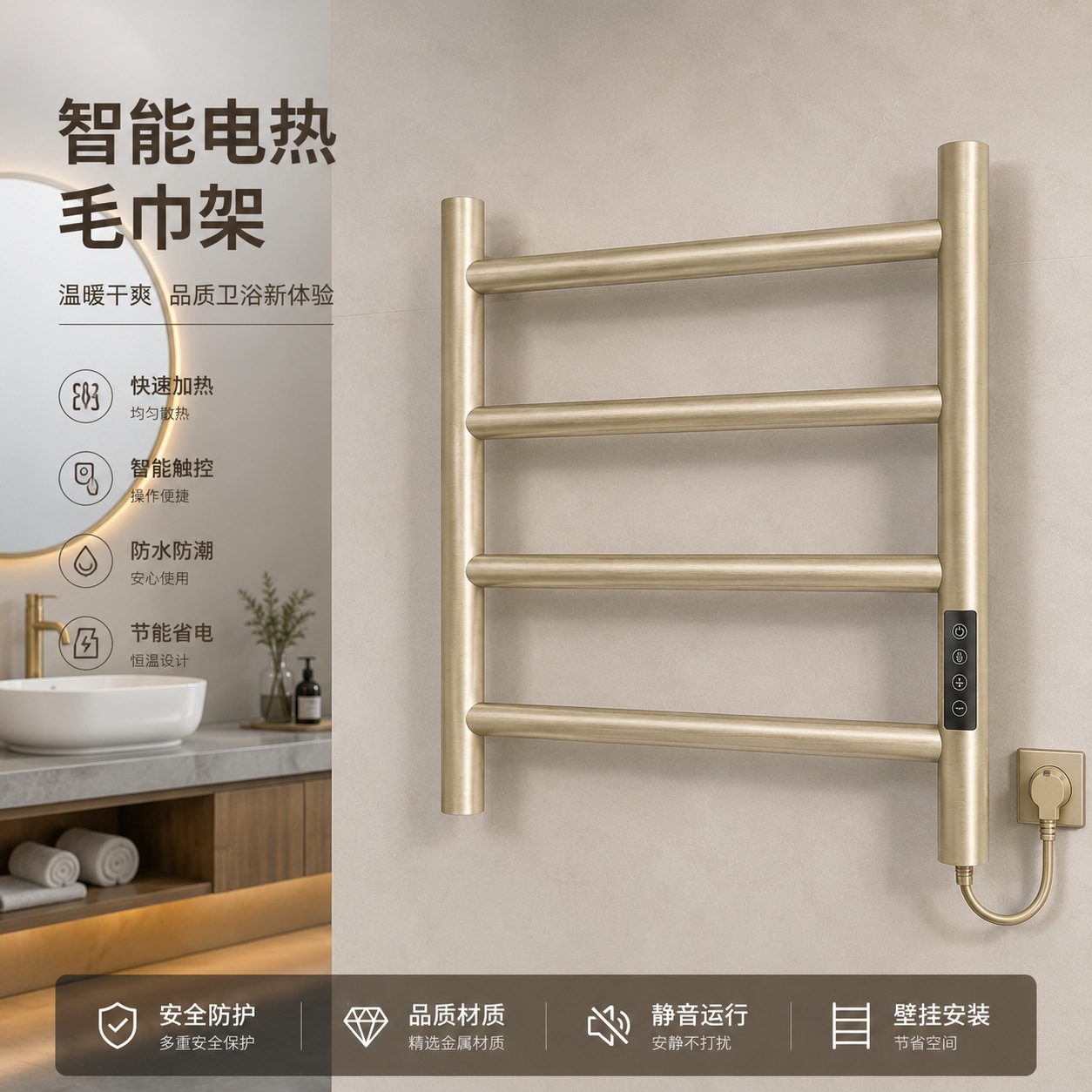 Durable stainless steel electric towel rack, wall-mounted heated towel bar, energy-saving, quick heating, easy to install, suitable for home and hotel use