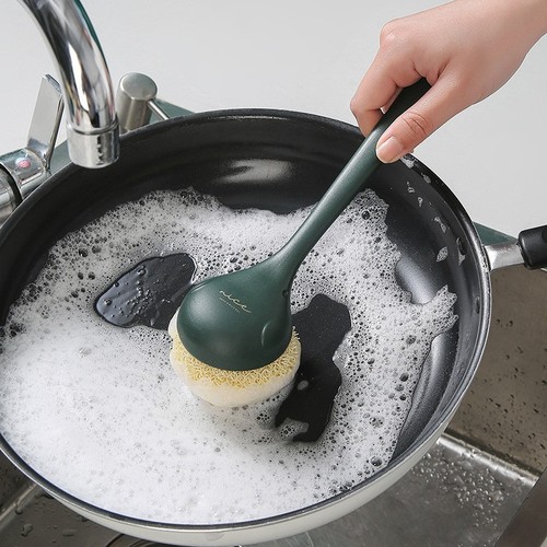 Long-handled pot brush, dishwashing brush, kitchen pot cleaning ball, non-shedding, oil-removing, household stove decontamination soft-bristled brush