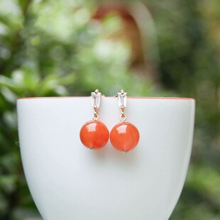 Natural South Red Agate Earrings Red Festive Chalcedony Round Bead Earrings Earrings Earrings Mori Earrings Vintage Elegant