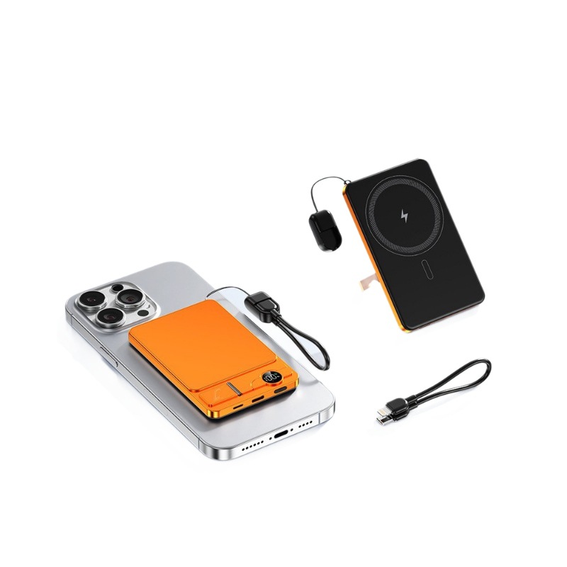 Banco de energía inalámbrico de succión magnética Carga rápida ultrafina con soporte oculto con cordón Batería externa Fuente de alimentación móvil