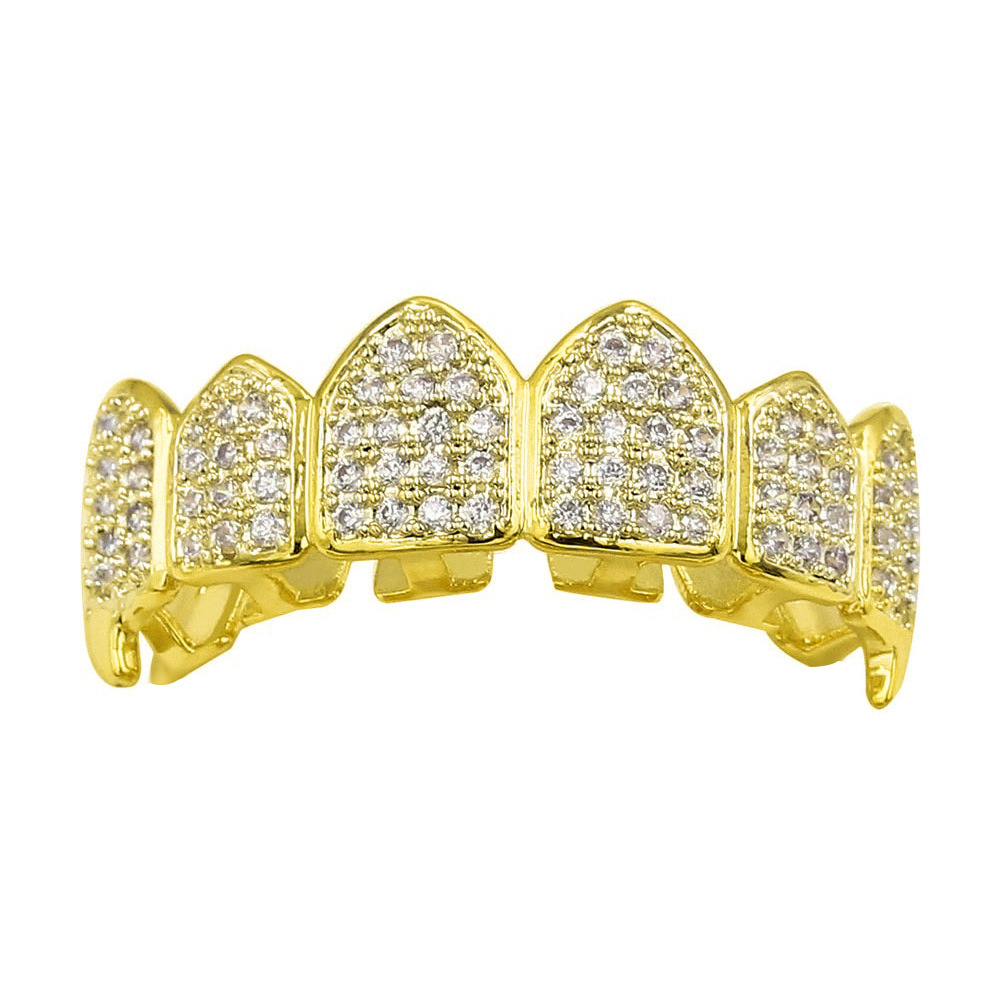Cross-border INS popular hiphop europeo y americano hip hop oro tirantes dientes puntiagudos joyería micro incrustaciones de oro dientes decorativos fabricante