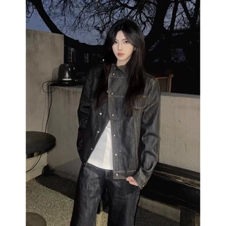 原牛色硬挺牛仔夹克外套男女春秋季新款美式复古工装立领牛仔衣潮