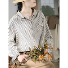 GJCP 彼得潘领复古棉麻长袖衬衫 条纹磨毛 原创文艺秋款打底上衣