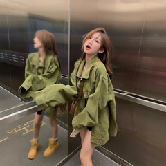 微胖穿搭复古正肩绿色牛仔短款小外套女春秋大码胖mm工装长袖上衣