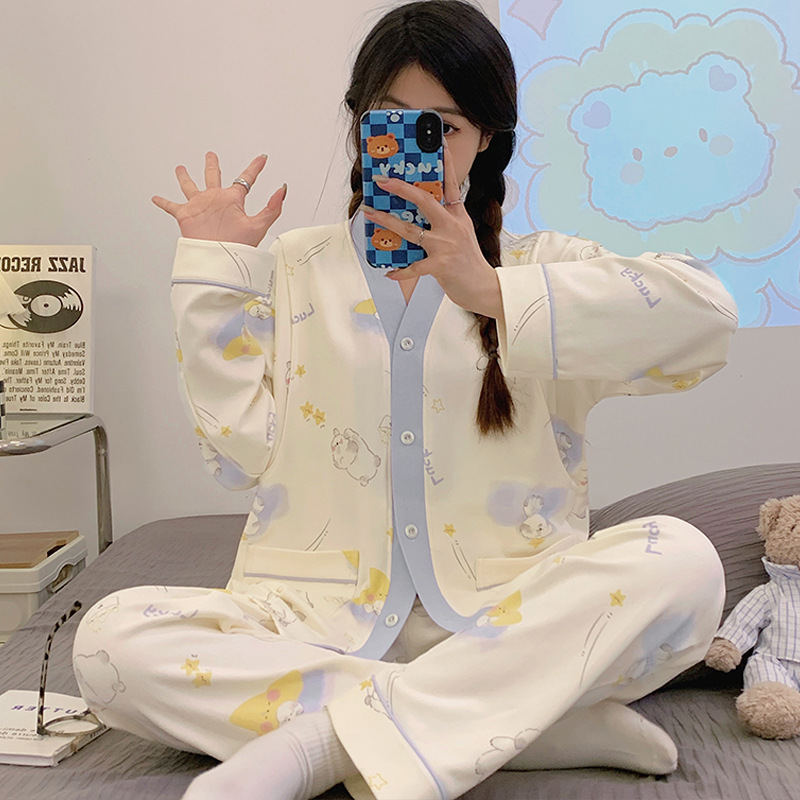 Yuezi 의류 순면 클래스 가을과 겨울 산후 임산부 수유 임신 여성 잠옷 봄 및 가을 수유 세트