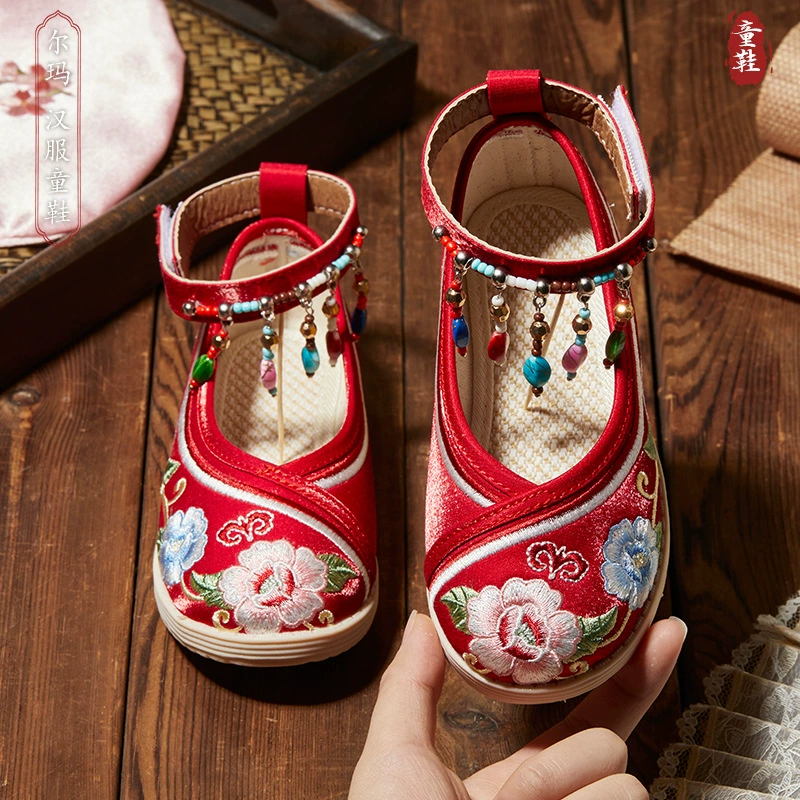 Детские туфли-ханфу на-slip-on D3680, вышивка цветочная, ремешок вокруг щиколотки, 15,2–23 см