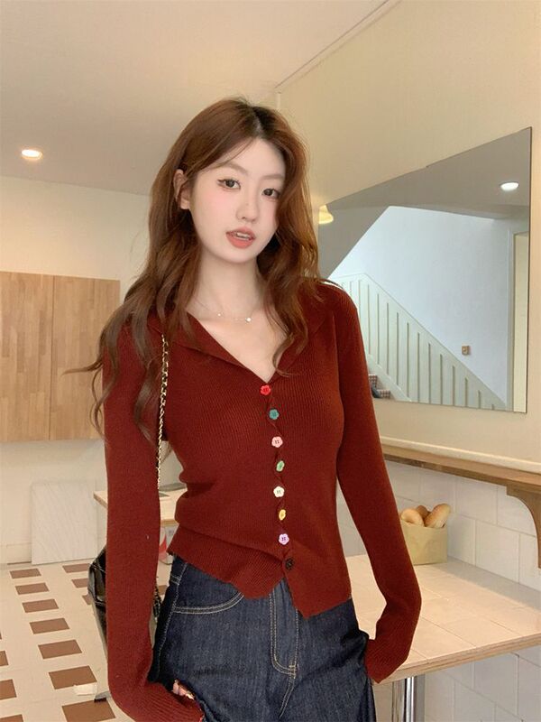 设计感纯色彩色纽扣长袖针织衫女装新款2025秋季显瘦百搭气质上衣|undefined