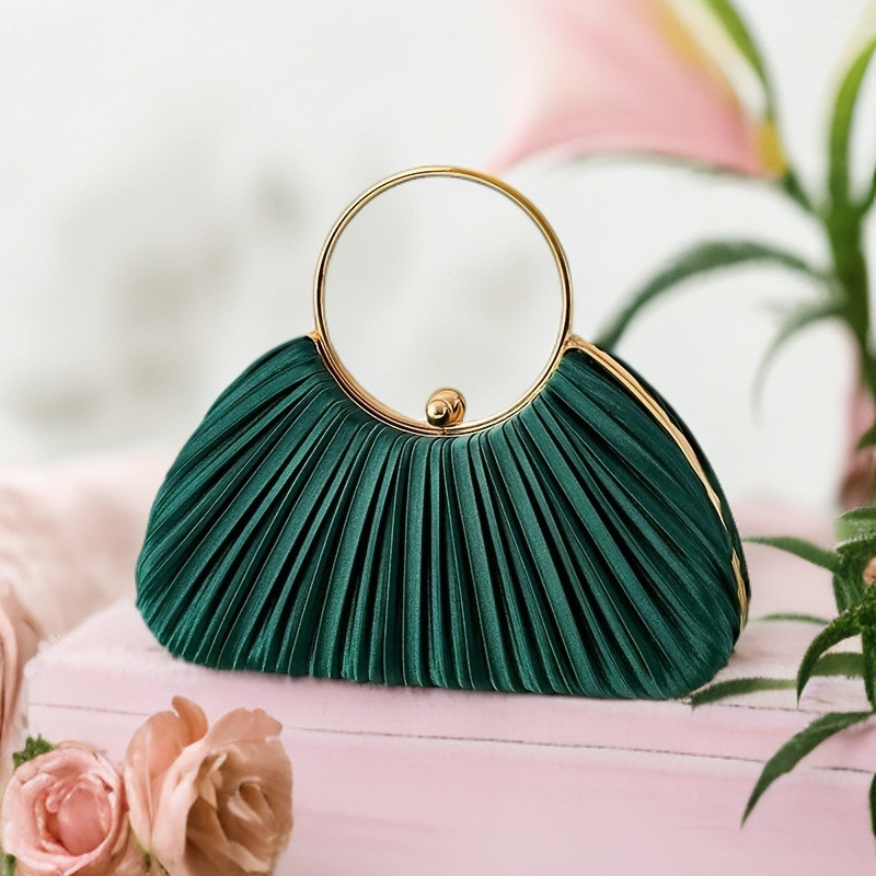 Túi clutch dạ tiệc satin xếp ly hình vòng tròn, phong cách sườn xám, có dây đeo chéo — Màu mơ, Màu trắng, Màu bạc, Màu hồng