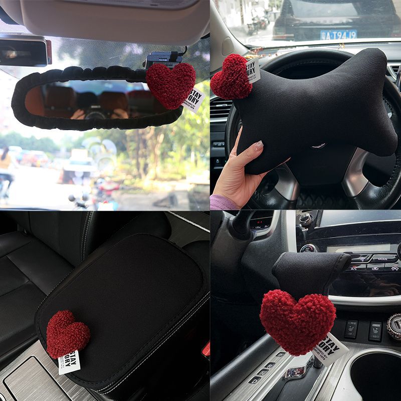 Cute Heart Car Headrest, Waist Support, Seat Belt Shoulder Cover, Girls' Four-Season Car Cute Interior Set