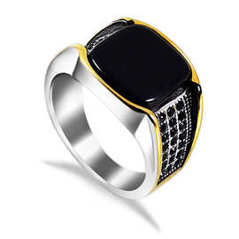 跨境复古金银拼色黑独立包装粘钻镶嵌宝石男式不锈钢钛戒指精善