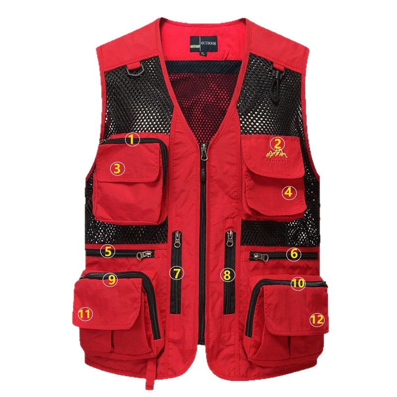 Chaleco de malla fina de verano rojo para hombre, chaleco fotográfico de reportero desmontable, logotipo de impresión personalizado