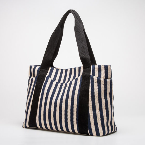 Striped canvas bag large capacity contrast color canvas bag women's portable shoulder bag casual retro tote bag Guangzhou factory