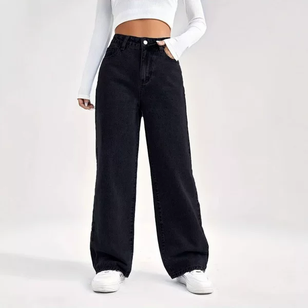 High-Waisted Straight-Leg Jeans for Women, European and American Style, Amazon Autumn and Winter, Petite Loose Fit, Drapey Solid Color Wide-Leg Pants
