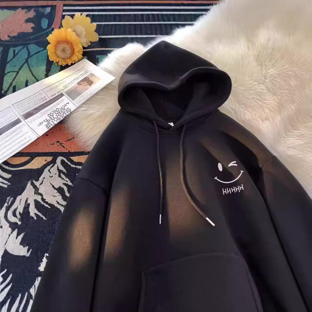 2025 남성과 여성을위한 얇은 웃는 얼굴 후드 티셔츠 봄, 가을 새로운 유행 브랜드 느슨한 탑 소년 후드 자켓
