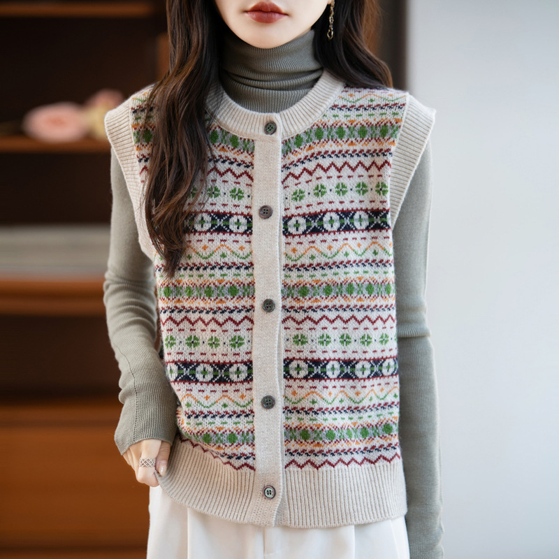 25 Autumn and Winter New Suede Thickeneded Women's Vest Wool Jacquard Vest Retro Layered Casual Loose Sweater Vest