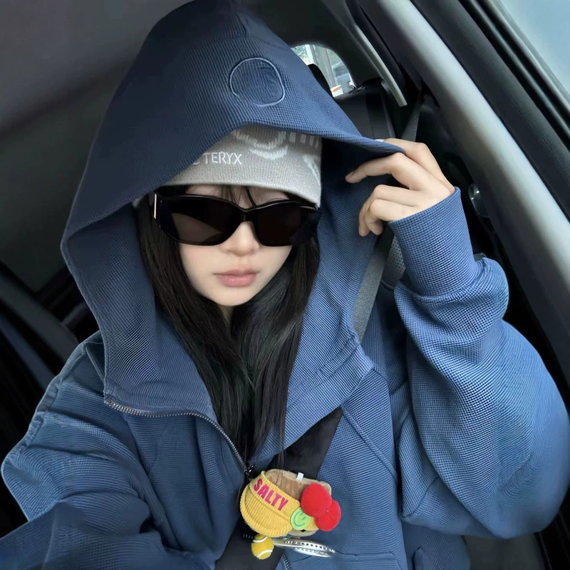 Cross-border foreign trade LU style scuba waffle sweatshirt for women, full-zip loose short hooded jacket for women, spring and autumn