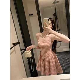 法式格子吊带连衣裙女夏季甜美少女感粉色爱心格纹收腰短款a字裙