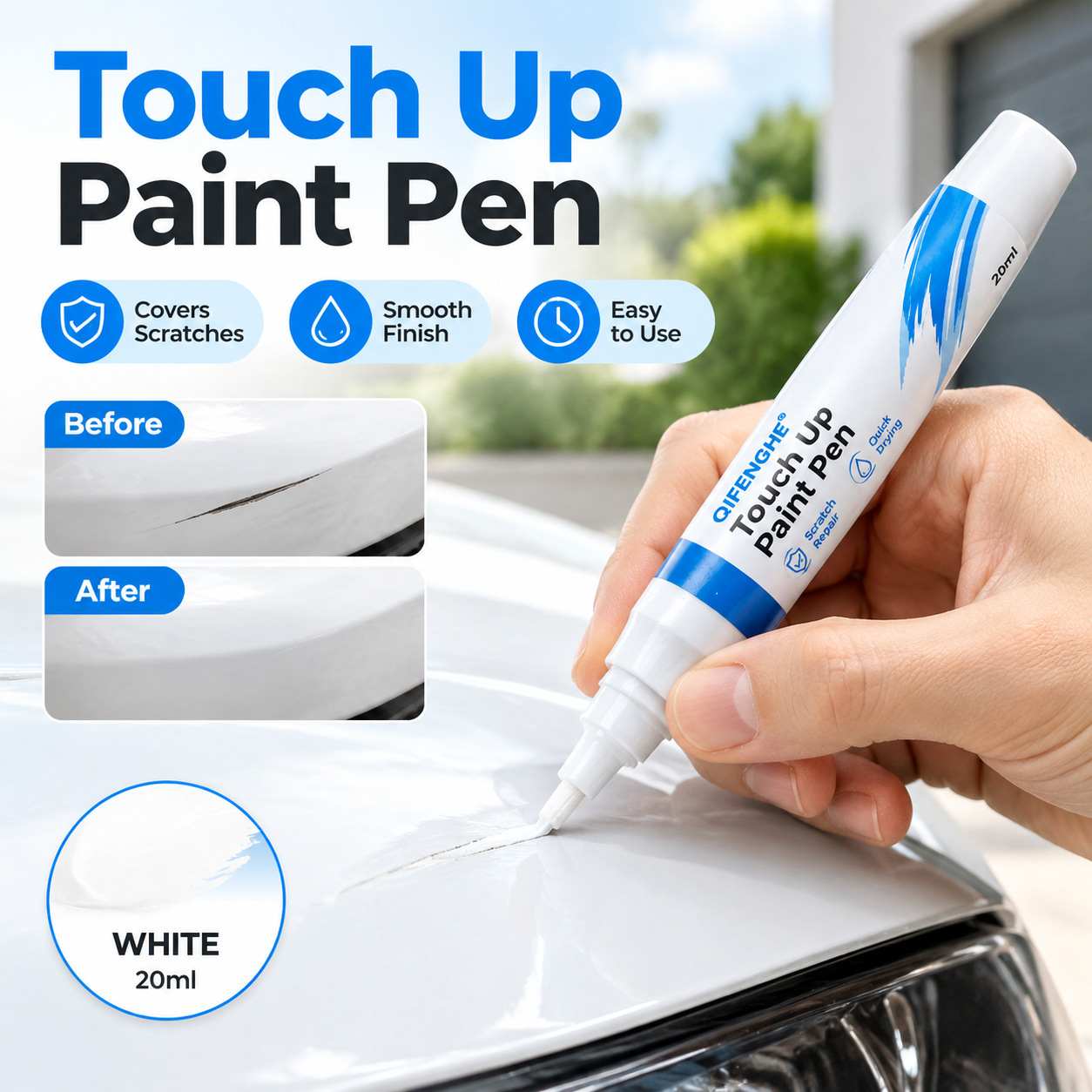 Cross-border car touch-up paint pen, white scratch repair liquid, quick-drying, waterproof, for repairing car paint, 20ml