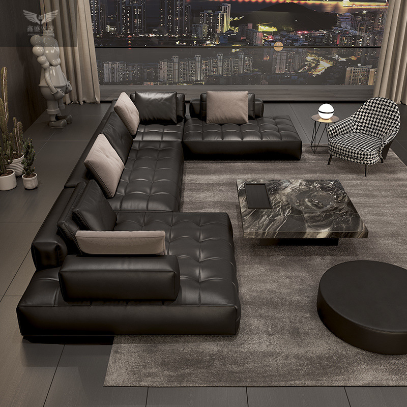 Sofá Lawrence, sala de estar de Foshan, Guangdong, Italia, apartamento grande de alta gama, nuevo sofá de cuero de esquina minimalista italiano
