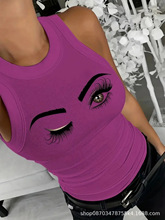 针织圆领D字印花无袖背心欧美时尚休闲短款露脐百搭T恤女