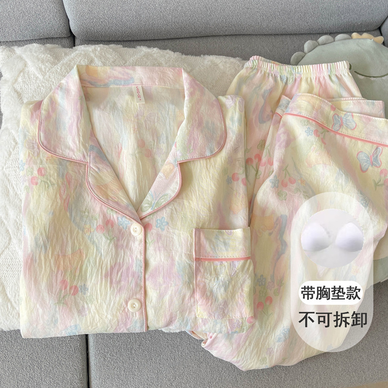 Women's tulip pajamas with chest pads, spring, autumn, summer, cloud pattern, pure cotton gauze, long-sleeved, sweet girl's home wear set