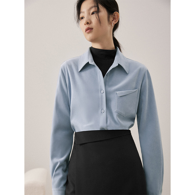 French-Style Spring and Autumn Retro Hong Kong Versatile Inner Wear Lapel Top with Unique Niche Fold Pocket Design Shirt