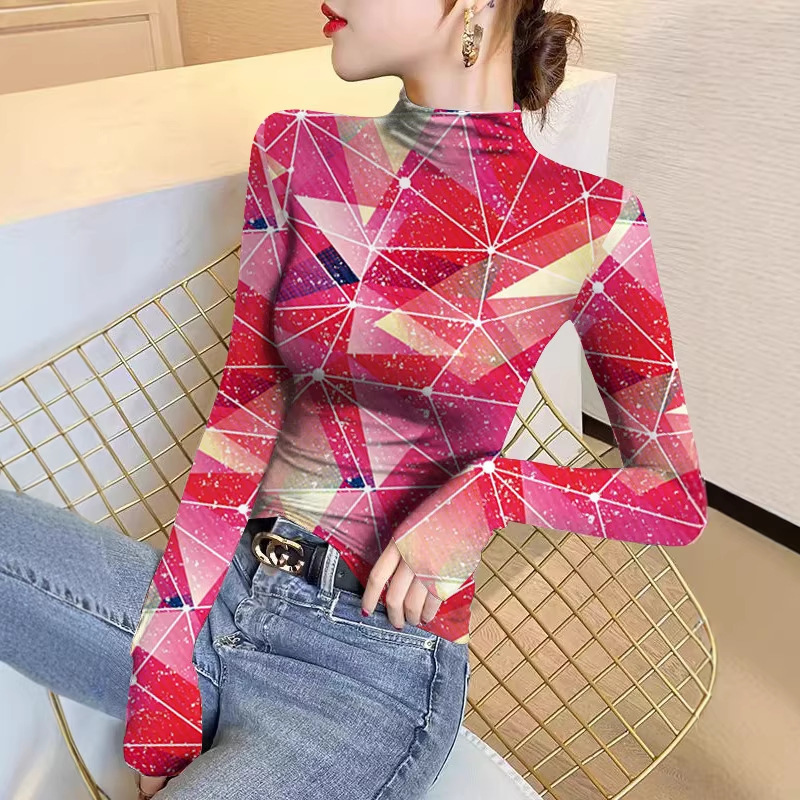 Korean-Style Half-Turtleneck Fleece Long-Sleeve Women's T-Shirt for Spring, Autumn, and Winter, Slim Fit, Fashionable, Warm, Thickened Base Layer, Plaid Korean-Style Half-Turtleneck Fleece Long-Sleeve Women's T-Shirt for Spring, Autumn, and Winter, Slim Fit, Fashionable, Warm, Thickened Base Layer, Plaid