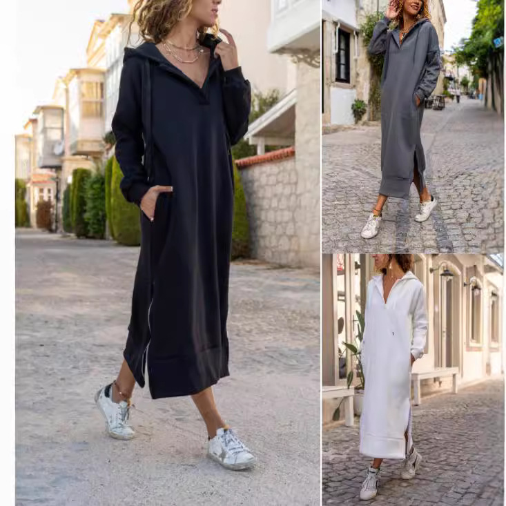 Autumn and Winter New Loose plus size Knitted Hooded Dress fleece-lined Sweater Casual Fashion dress Large Pocket Dress