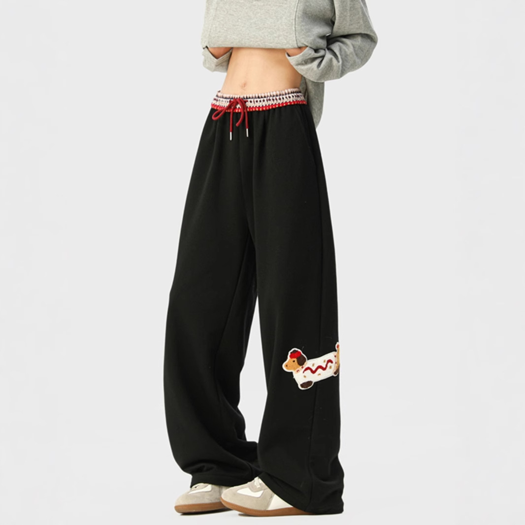 Pantalones deportivos con bordado flocado de perro salchicha para hombre 2025 nuevo estilo de diseño americano con costuras de cintura pantalones casuales rectos