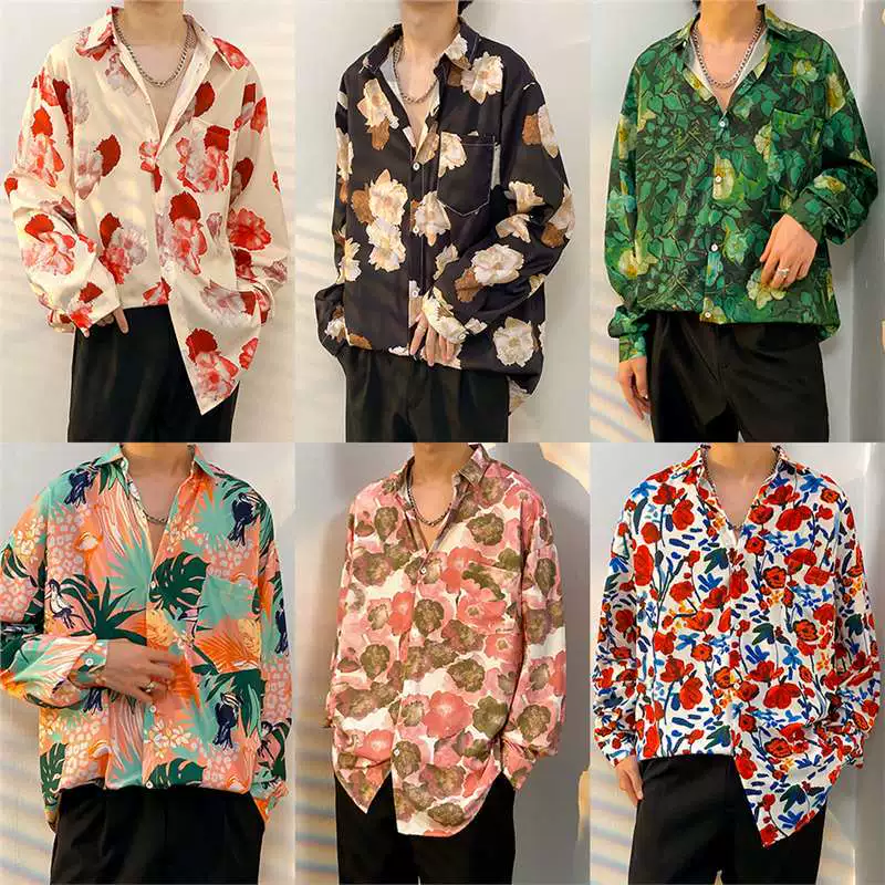 Осенняя мужская рубашка с длинными рукавами и цветочным принтом, стильная, красивая рубашка в стиле ретро из Гонконга, высококачественная свободная рубашка с драпировкой и принтом, модная.