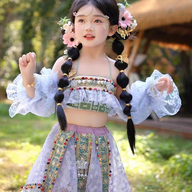 Summer Children's Hani Ethnic Clothing for Girls, Skin-Friendly Cotton Embroidered Pom-Pom Lace Top with Short Skirt and Sleeves Set