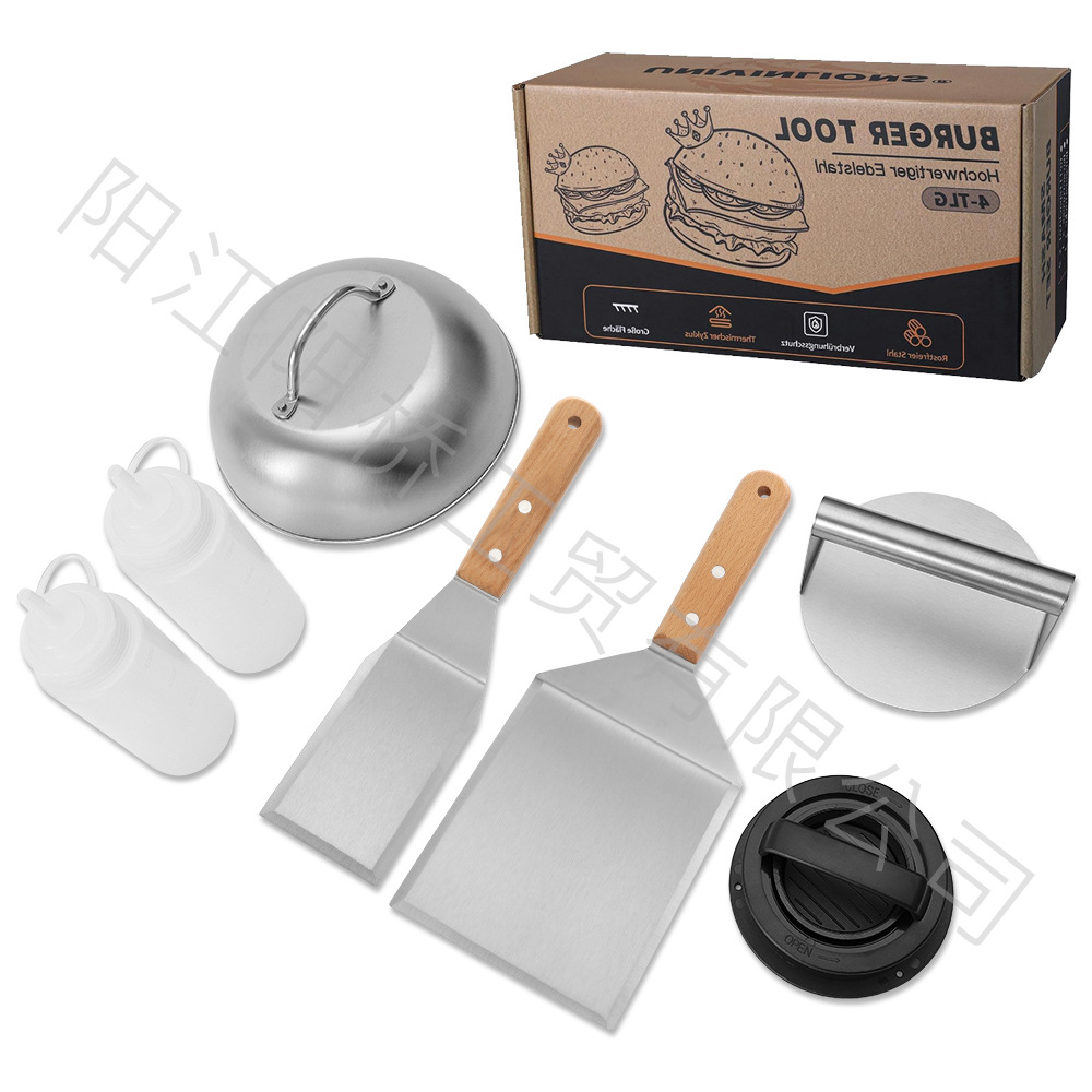 Amazon Hot Sale Set BBQ al aire libre hamburguesas prensado parrilla completa de acero inoxidable mango de madera herramientas de parrilla