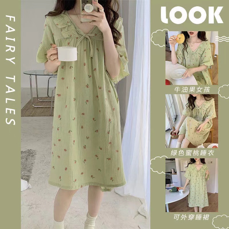 Pijamas de verano de las mujeres de la burbuja de algodón de manga corta camisón cardigan estudiante arruga dulce lindo ins estilo ropa para el hogar Generación de pelo