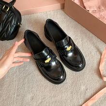 明星张元英同款miu家开边珠金币乐福鞋女棕色懒人一脚蹬小皮鞋女